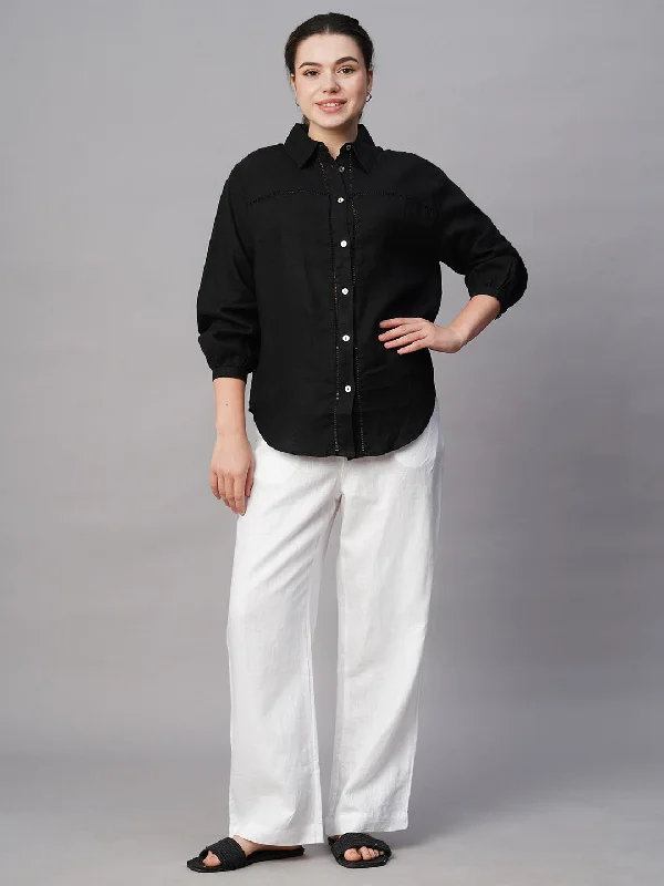 Women's Black Linen Regular Fit Blouse