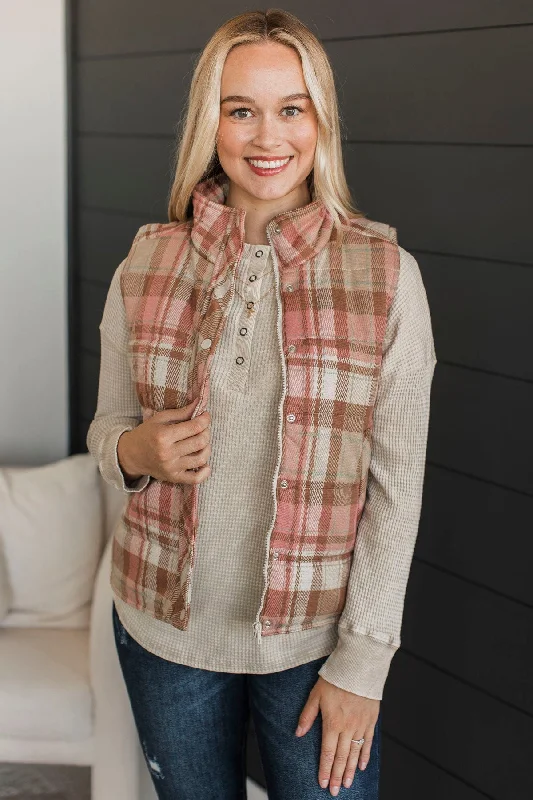 Bound For Adventure Plaid Puffer Vest- Blush