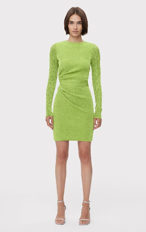 Metallic Bateau Neck Long Sleeve Mini Dress | Metallic Lime