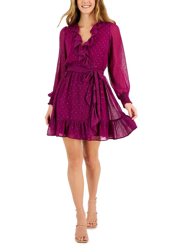 Petites Womens Ruffled Mini Fit & Flare Dress