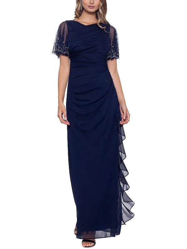 Womens Embellished Cascade Evening Dress