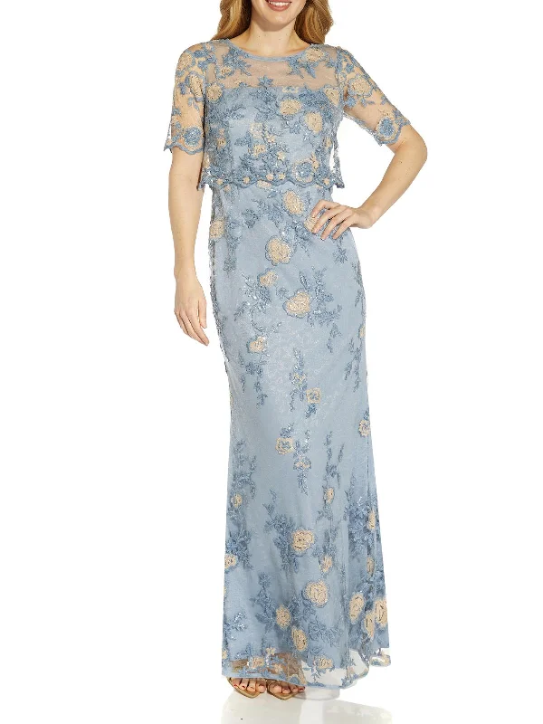 Womens Embroidered Popover Evening Dress