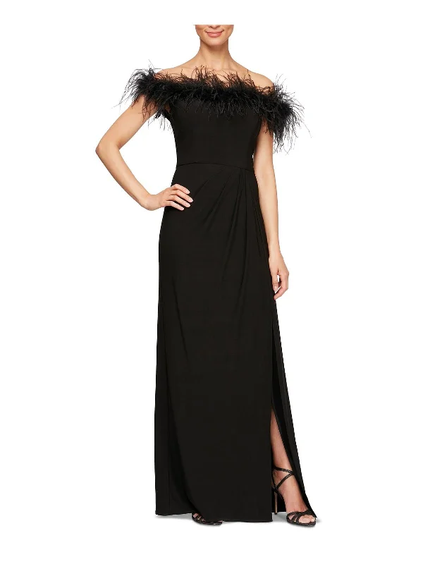 Womens Faux Feather Trim Long Evening Dress