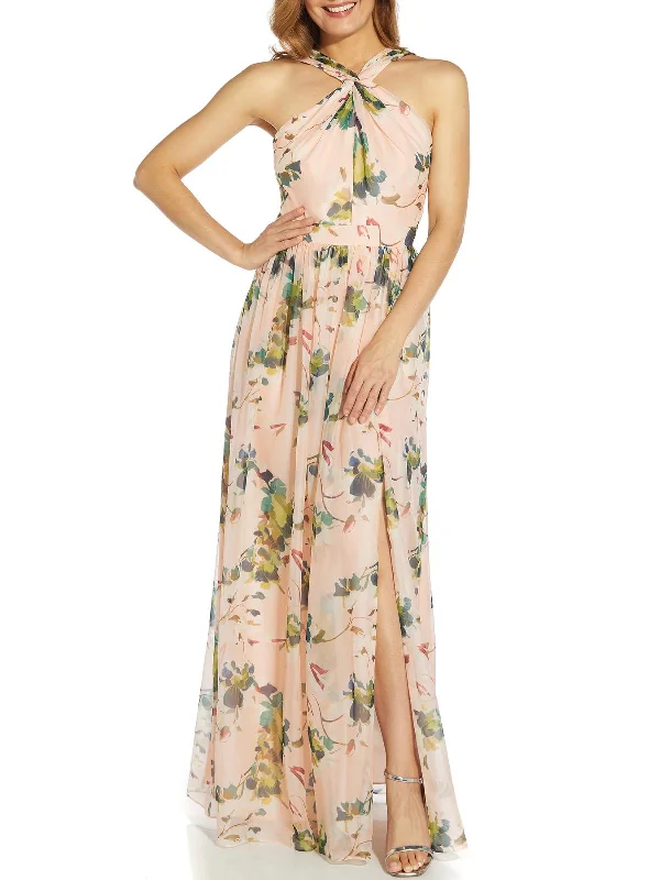 Womens Organza Floral Print Evening Dress