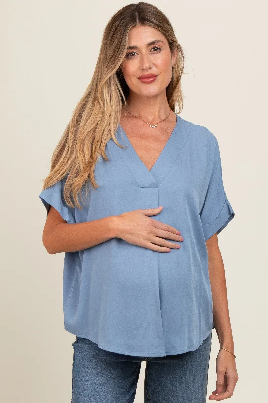 Blue V-Neck Pin-Tuck Detail Maternity Top