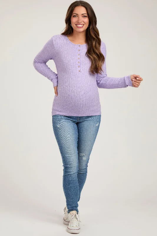 Lavender Ribbed Knit Button Long Sleeve Maternity Top