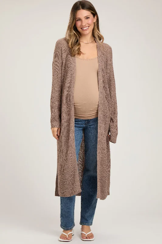 Mocha Knit Side Slit Long Maternity Cardigan