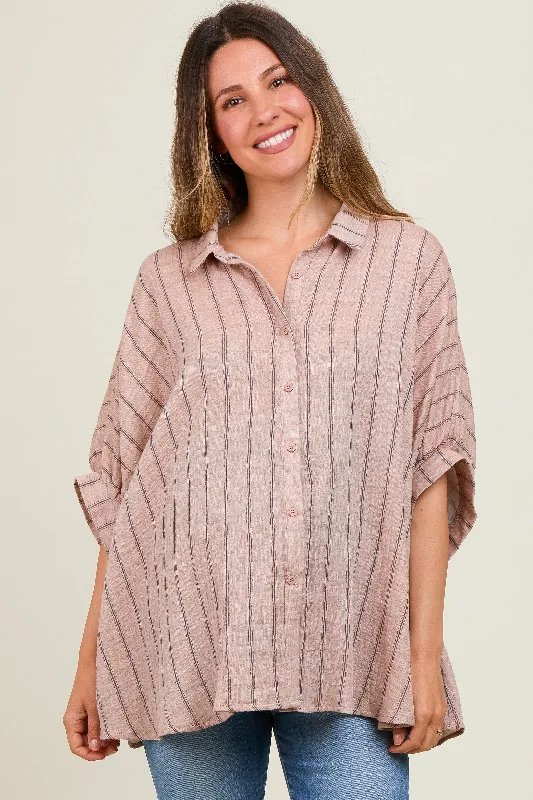 Mocha Striped Collared Oversized Maternity Top