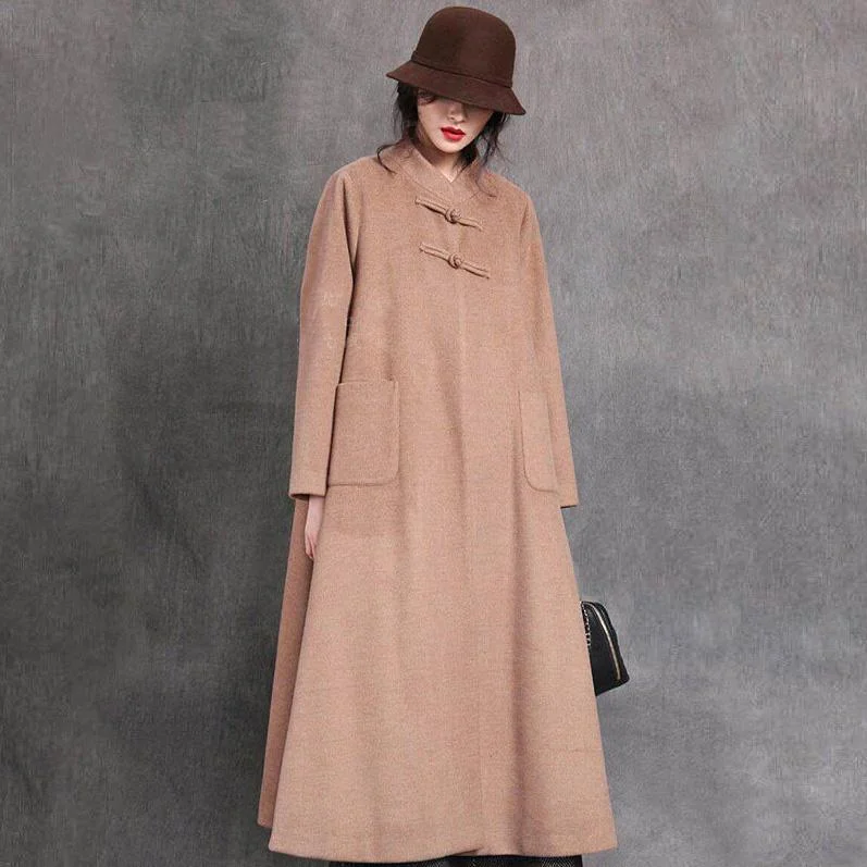 2019 khaki Woolen Coat plus size Chinese Button medium length stand collar women coats