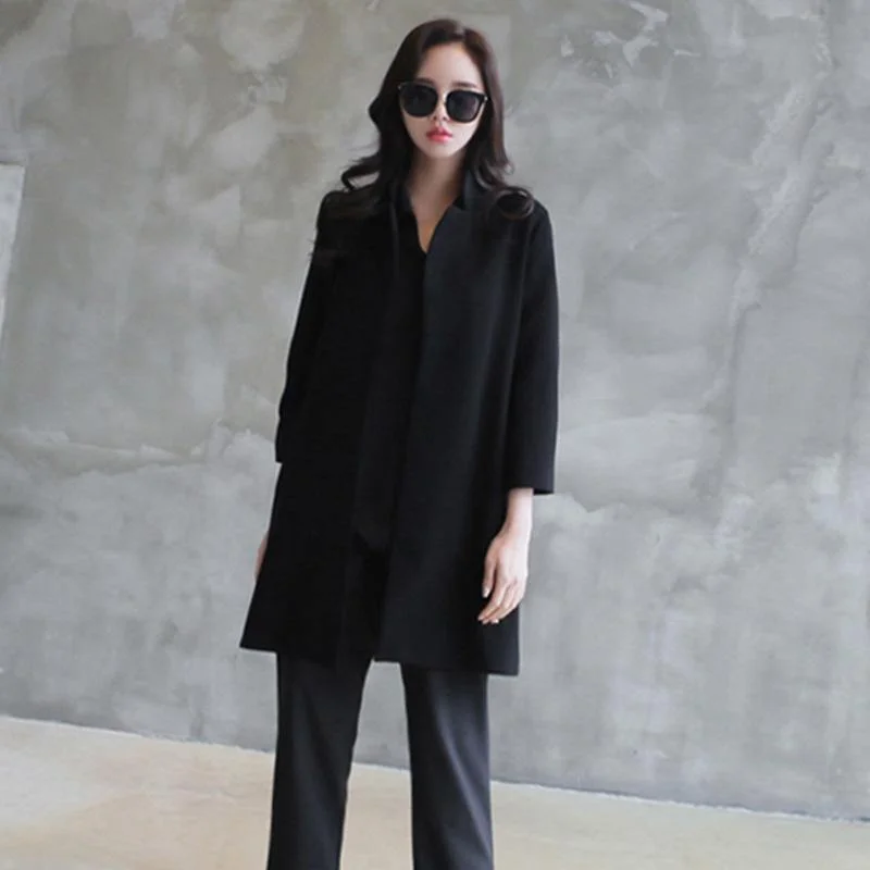 Art Notched Fashion fall clothes For Women black Knee coats