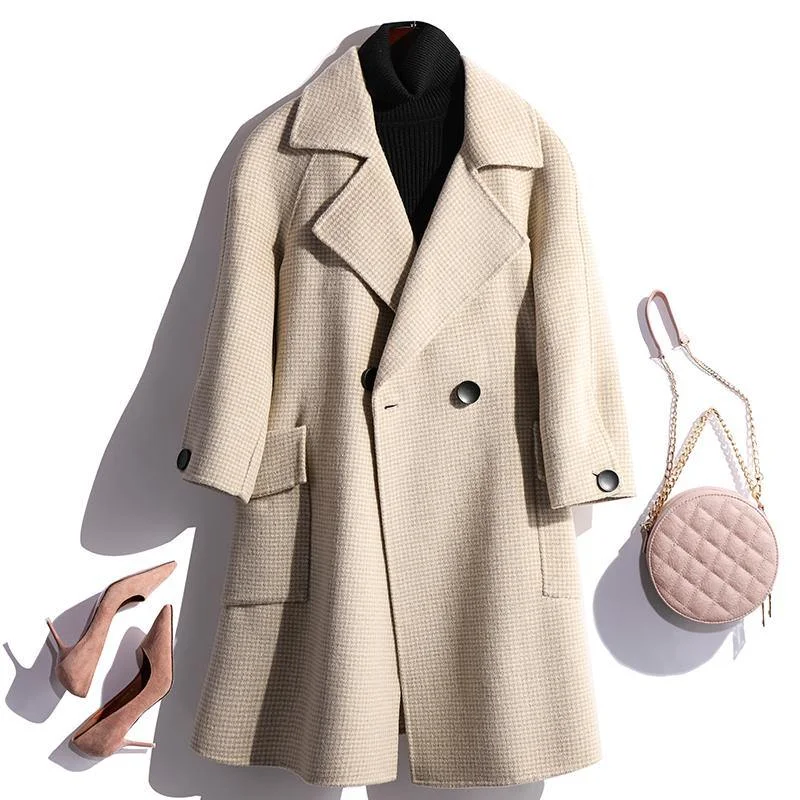 Beige Woolen Coats Women Trendy Plus Size Winter Coat Fall Coat Plaid