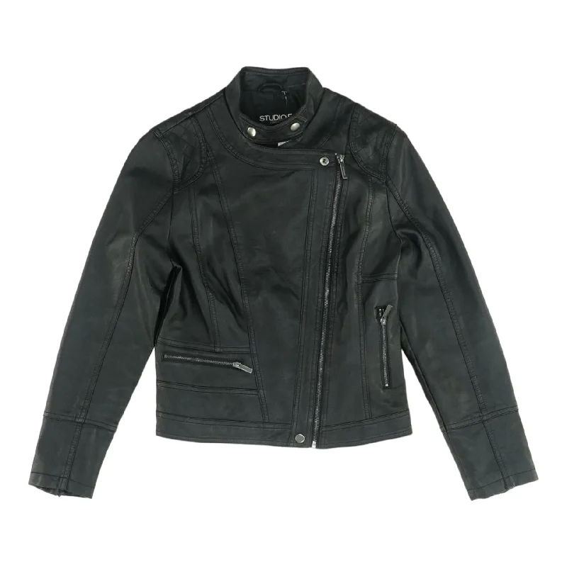 Black Solid Faux Leather Jacket