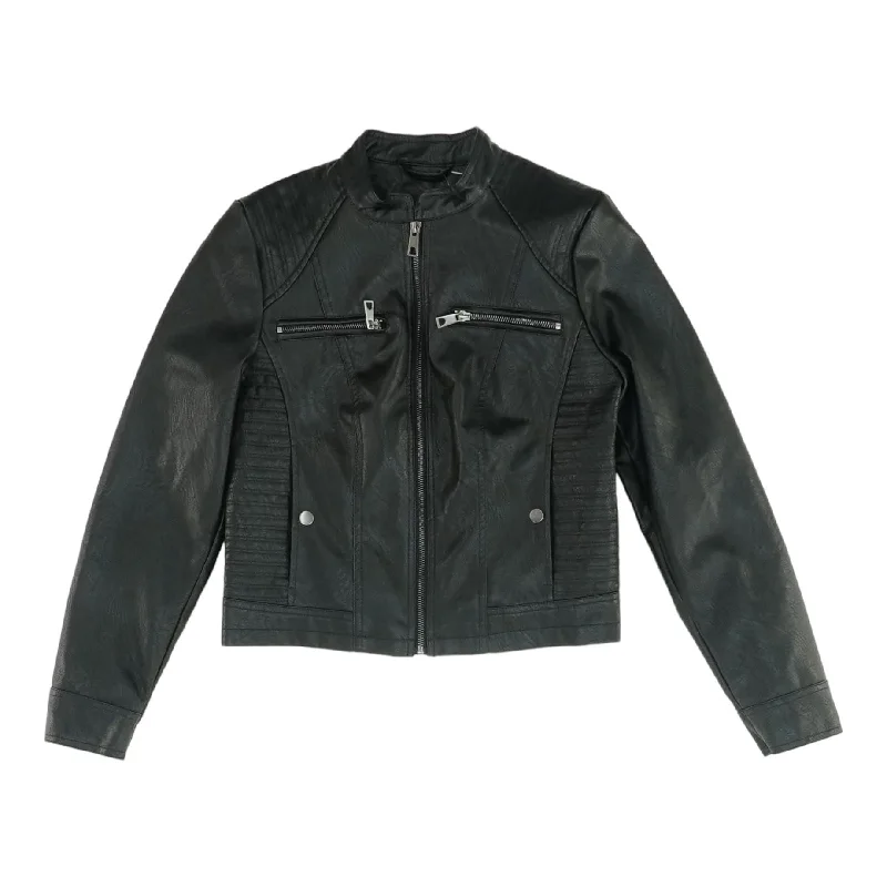 Black Solid Faux Leather Jacket