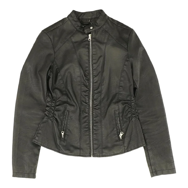 Black Solid Faux Leather Jacket