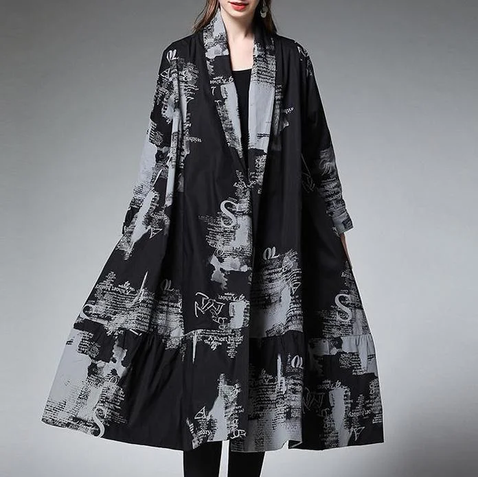 Black Women Print Cotton Loose Long Sleeve Plus Size Coat