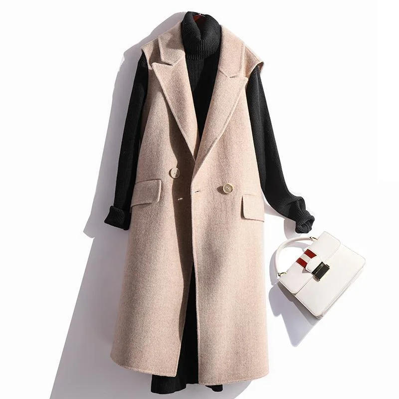 boutique beige Woolen Coats Women plus size clothing medium length coat fall outwear sleeveless