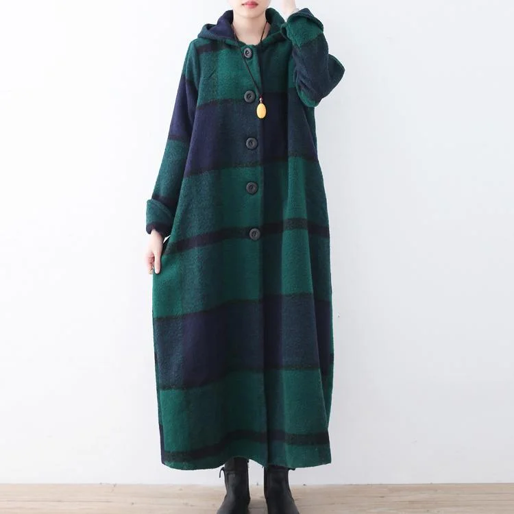 Boutique Green Long Woolen Coats Winter Plus Size Cardigans Fashion Plaid Long Coats Hooded