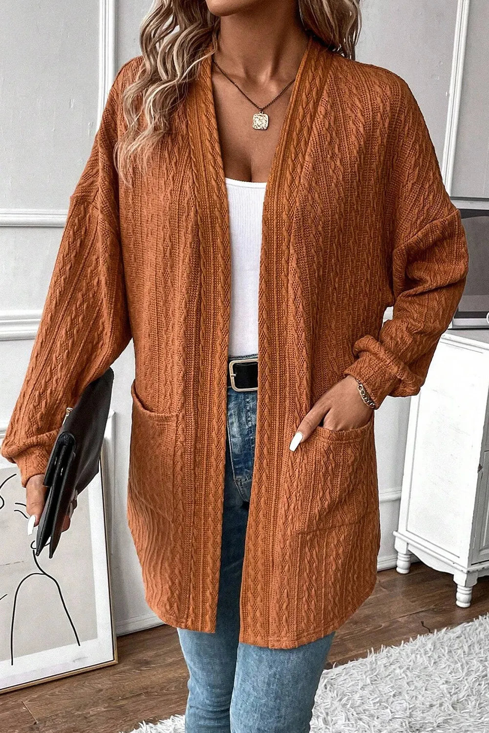 Textured Pocketed Open Front Long Sleeve Cover Up