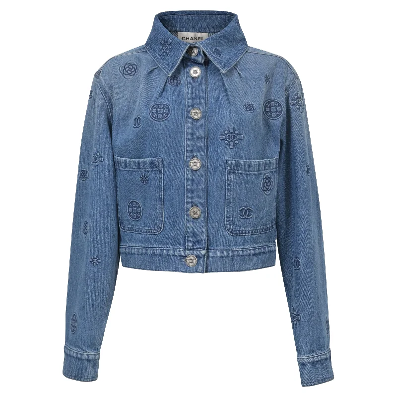 Chanel Logo Detailed Button Front Jacket in Blue Denim