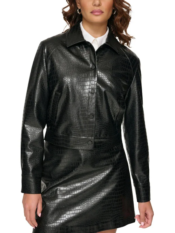 Petites Womens Faux Leather Textured Motorcycle Jacket