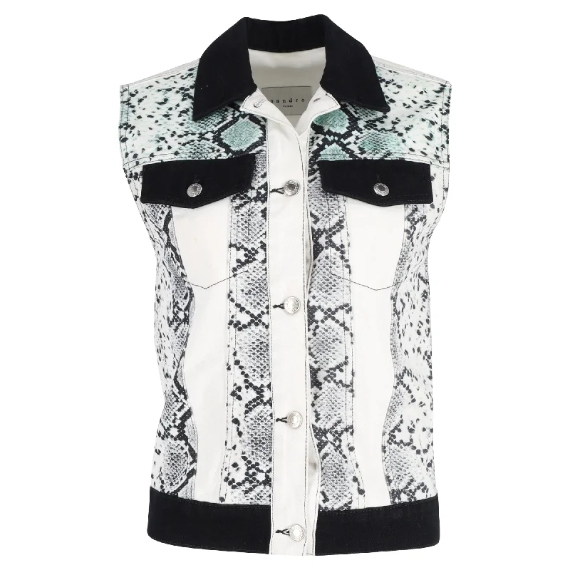 Sandro Paris  Snake Print Vest in White Cotton Denim