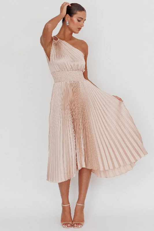 Calissa One Shoulder Pleated Midi Dress Champagne