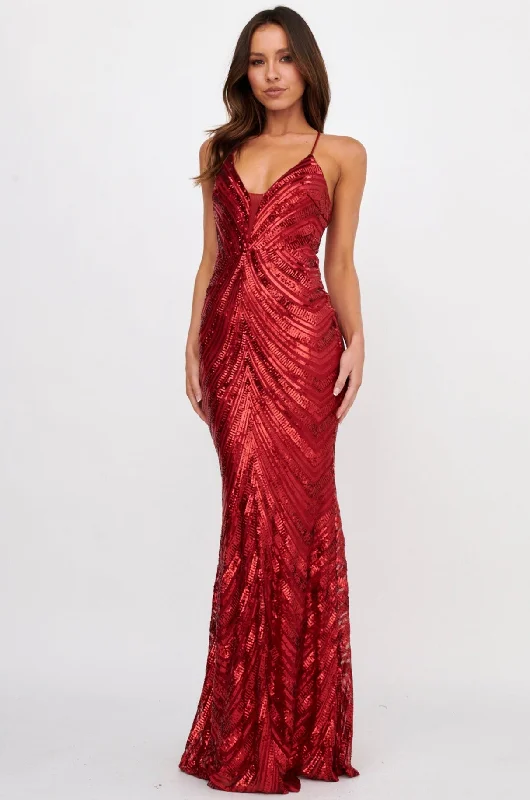 Dalila Open Tied Back Sequin Maxi Dress Red