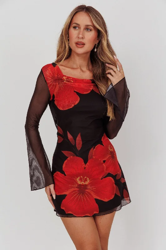 Isabella Long Sleeve Backless Mini Dress Hibiscus Black