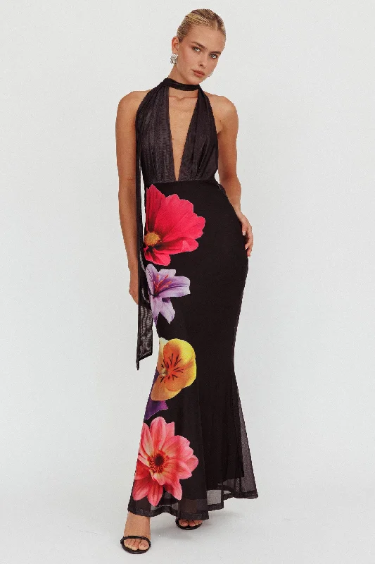 Italia Azure Halterneck Maxi Dress Flowers Black