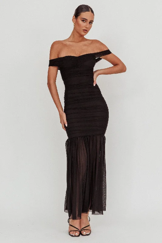 La Salle Off Shoulder Mesh Maxi Dress Black