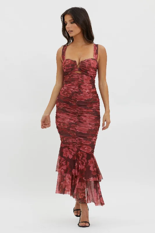 Nadia Ruched Fishtail Midi Dress Floral Wine