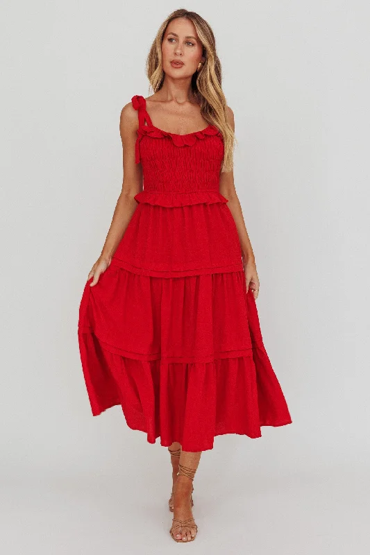 Paprika Tied Shoulder Shirred Midi Dress Red