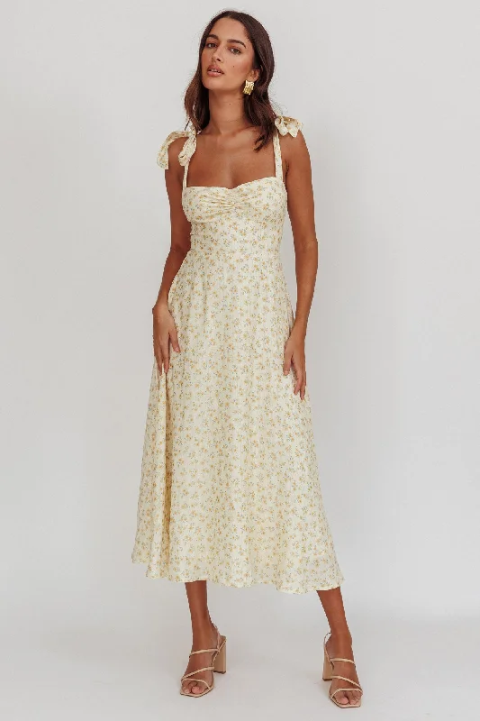 Sweet Pea Floral Tied Straps Midi Dress Yellow