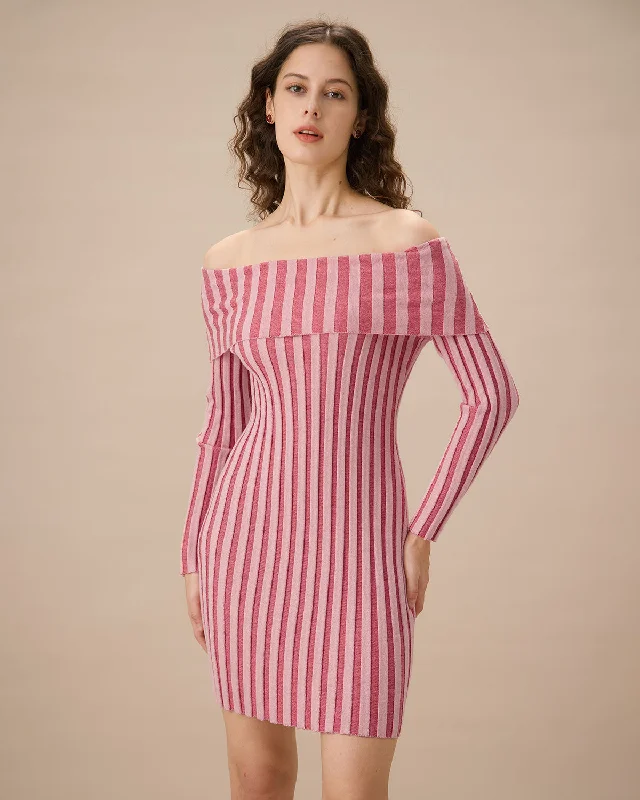 Pink Striped Off The Shoulder Bodycon Sweater Dress