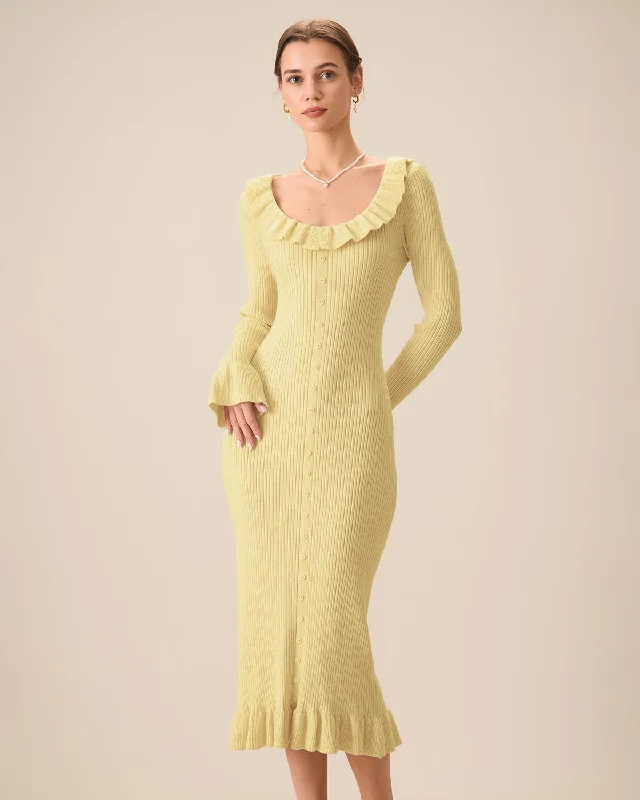 Yellow U-Neck Ruffle Bodycon Sweater Dress