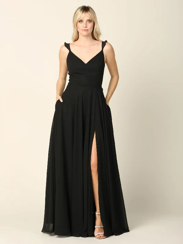 Long Bridesmaids Ruffle Sleeve Chiffon Gown Sale